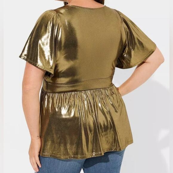 4X-TORRID Women’s Liquid Shine Surplice Split Sleeve Peplum Top, Gold, Size 4X - Picture 6 of 12